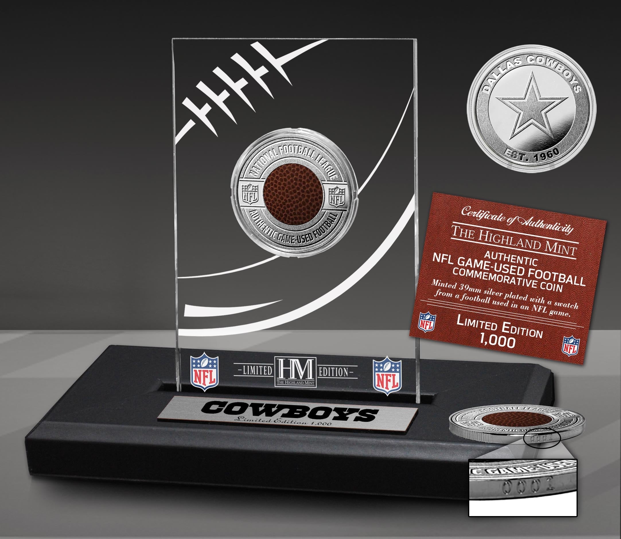 Dallas Cowboys Game Used NFL Football Silver Plated Coin in Commemorat