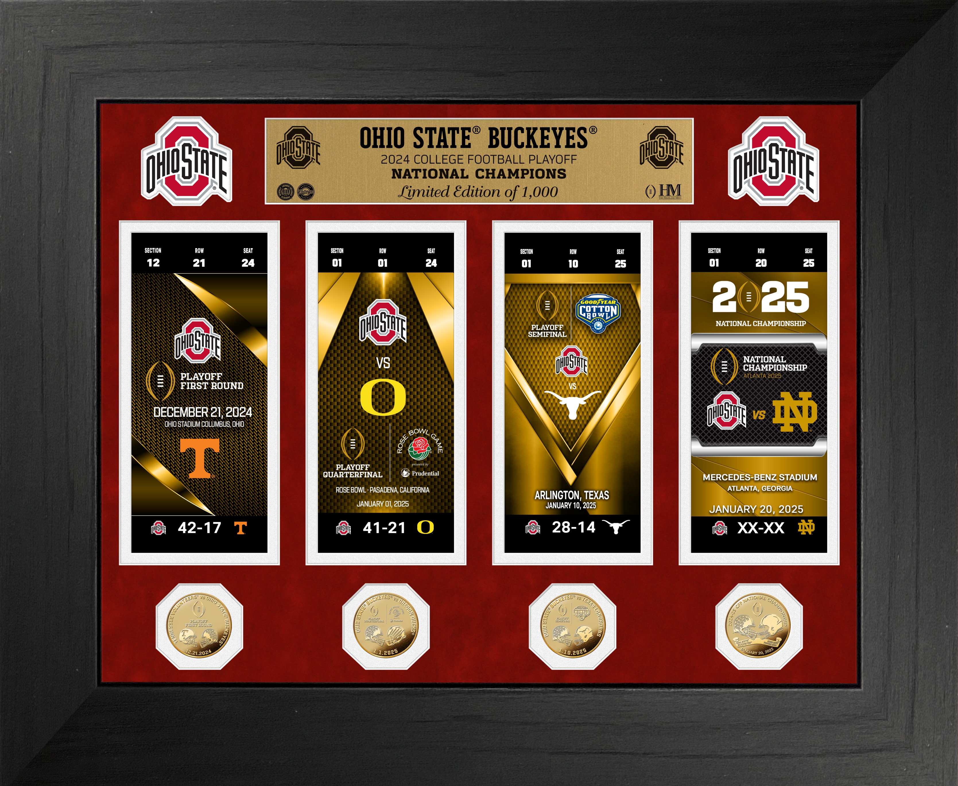 Ohio State Buckeyes 2025 CFP Champions Deluxe Road to Championship Tickets Gold Coin Photo Mint