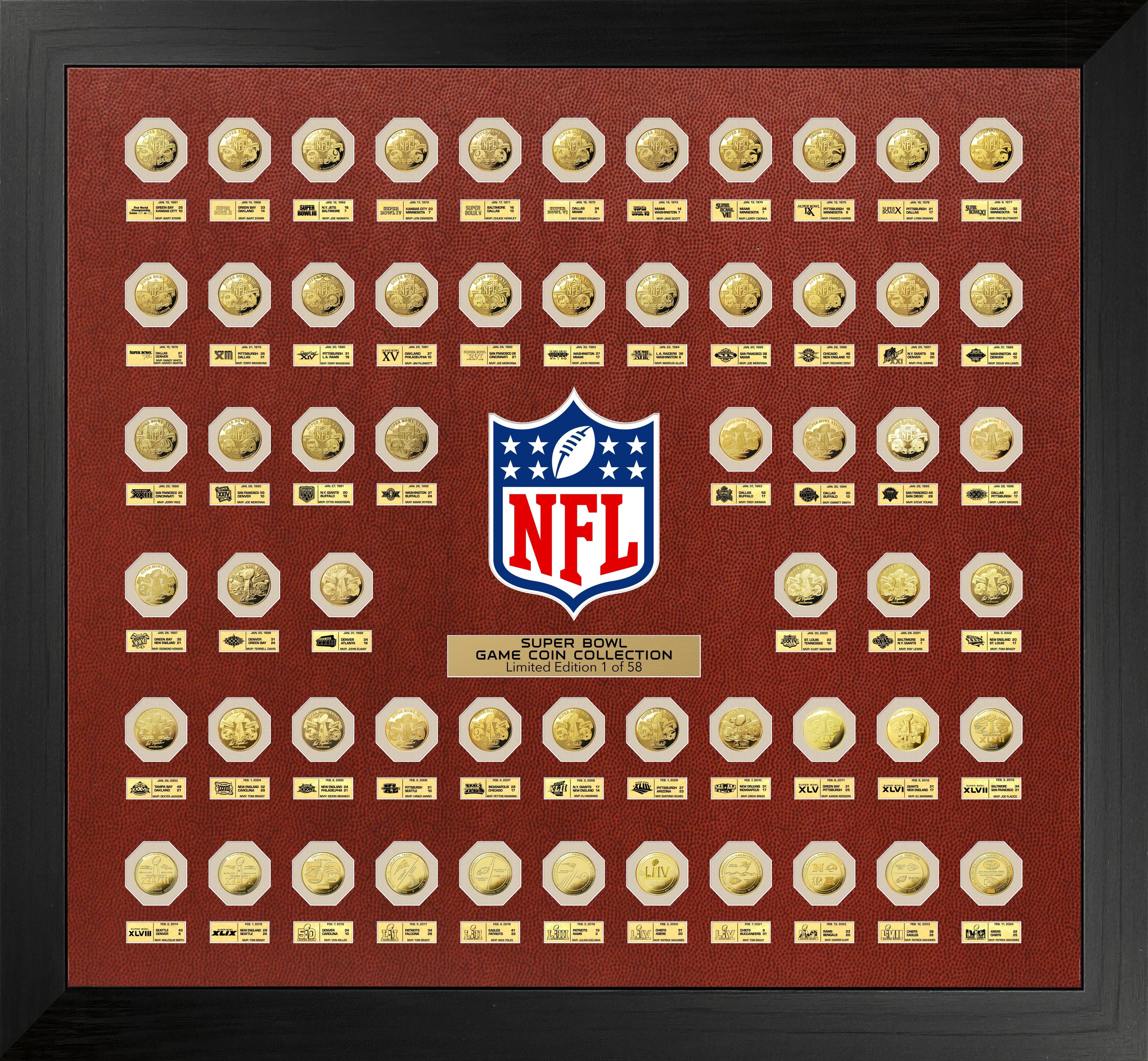 NFL Gold Super Bowl Flip Coin Collection Frame Set of 59 Coins