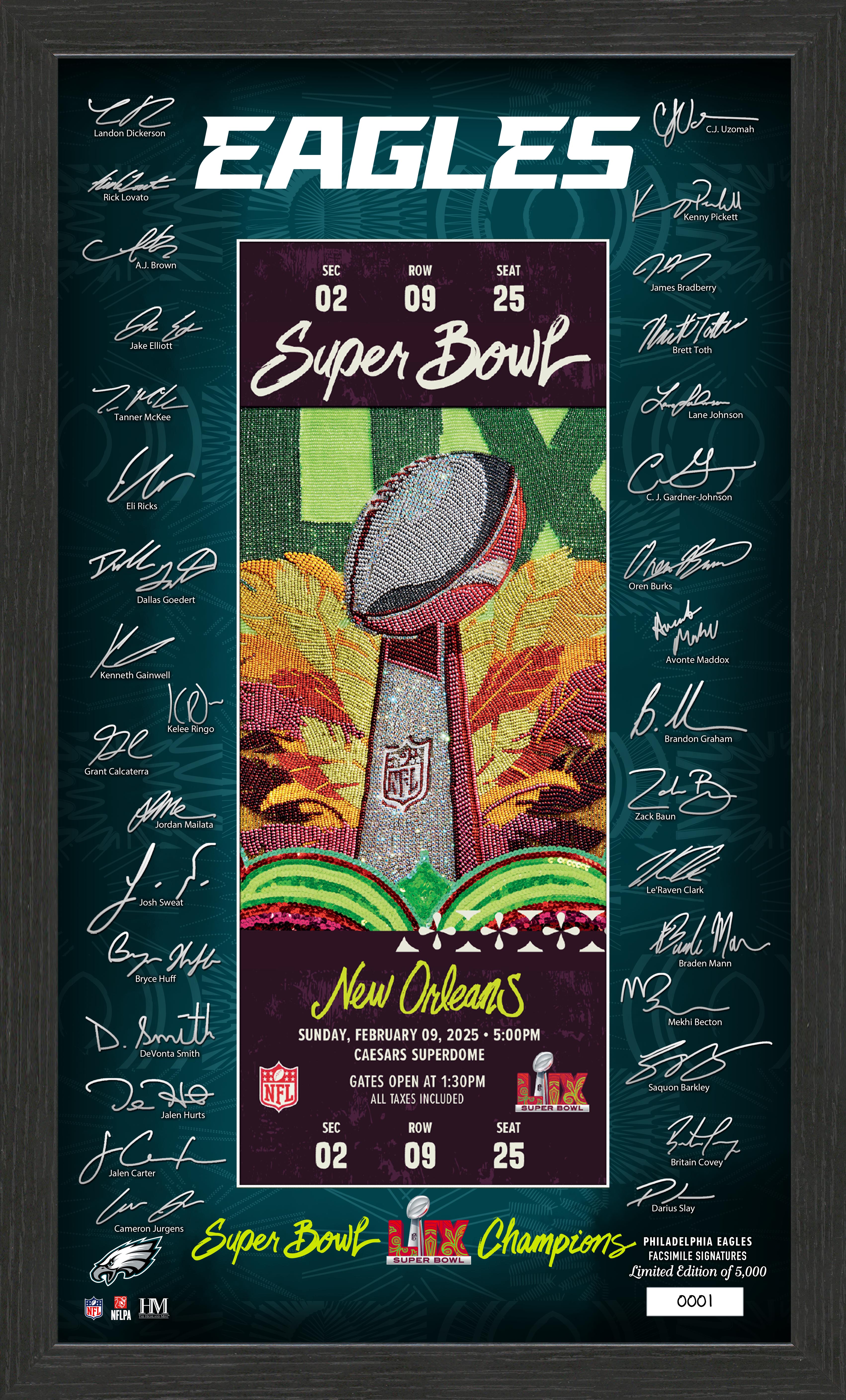 Philadelphia Eagles Super Bowl LIX Champions Signature Ticket Frame