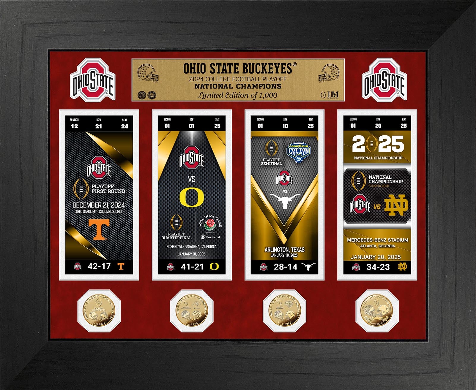 Ohio State Buckeyes 2025 CFP Champions Deluxe Road to Championship Tickets Gold Coin Photo Mint