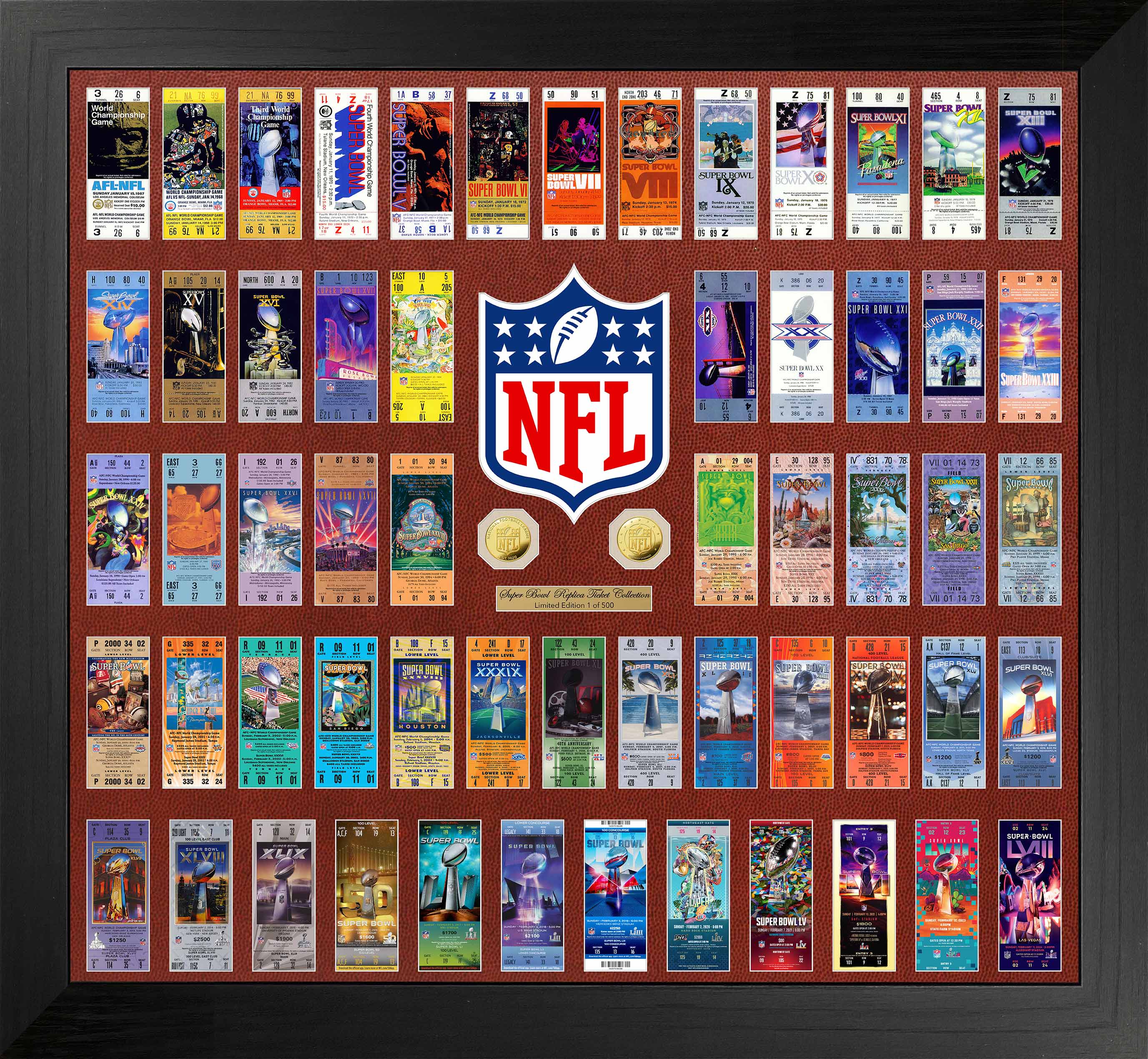 NFL 58 Super Bowl Tickets Collection Framed with Gold Coins