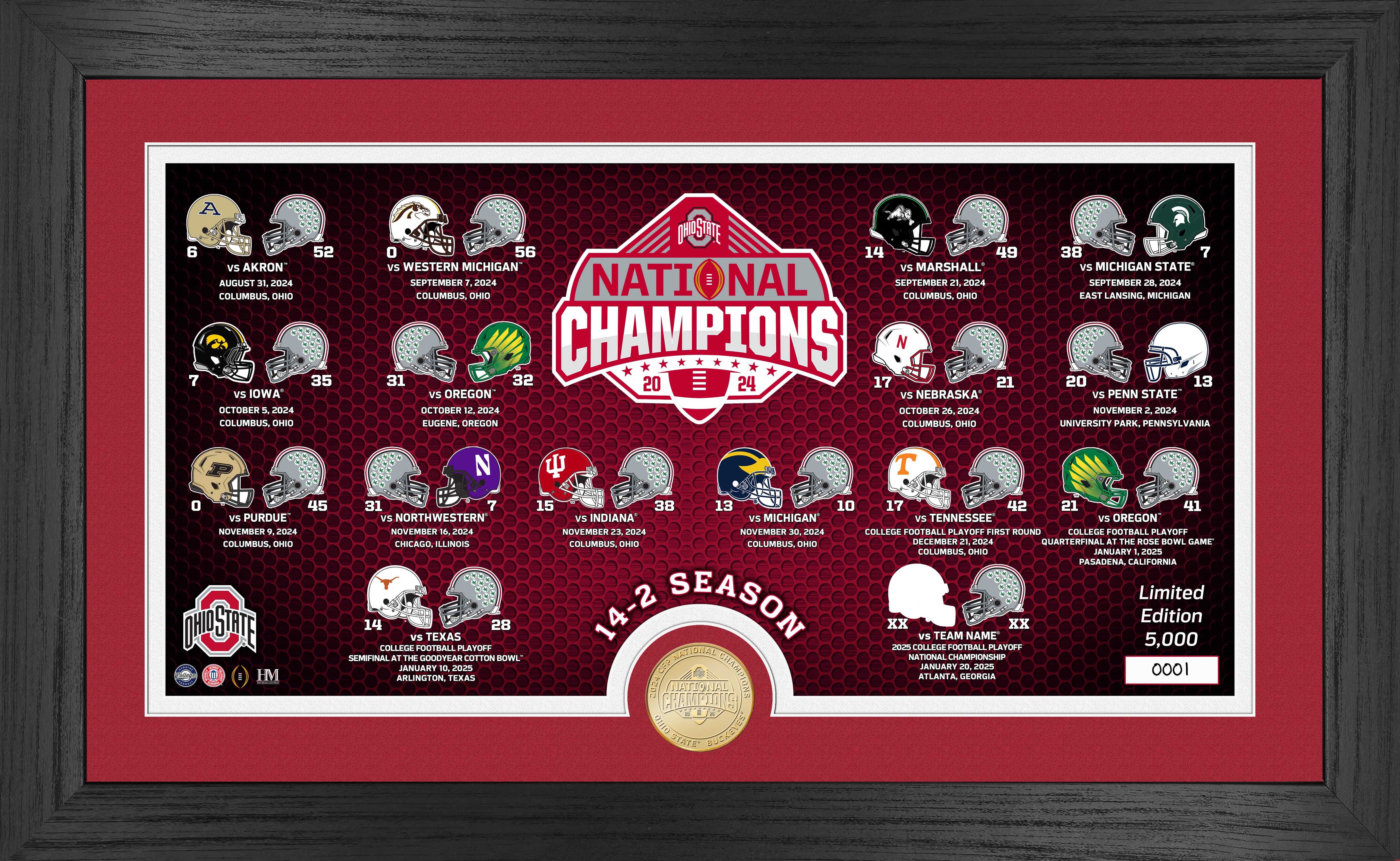 Ohio State Buckeyes 2025 CFP Football National Champions Season Match Ups Bronze Coin Photo Mint