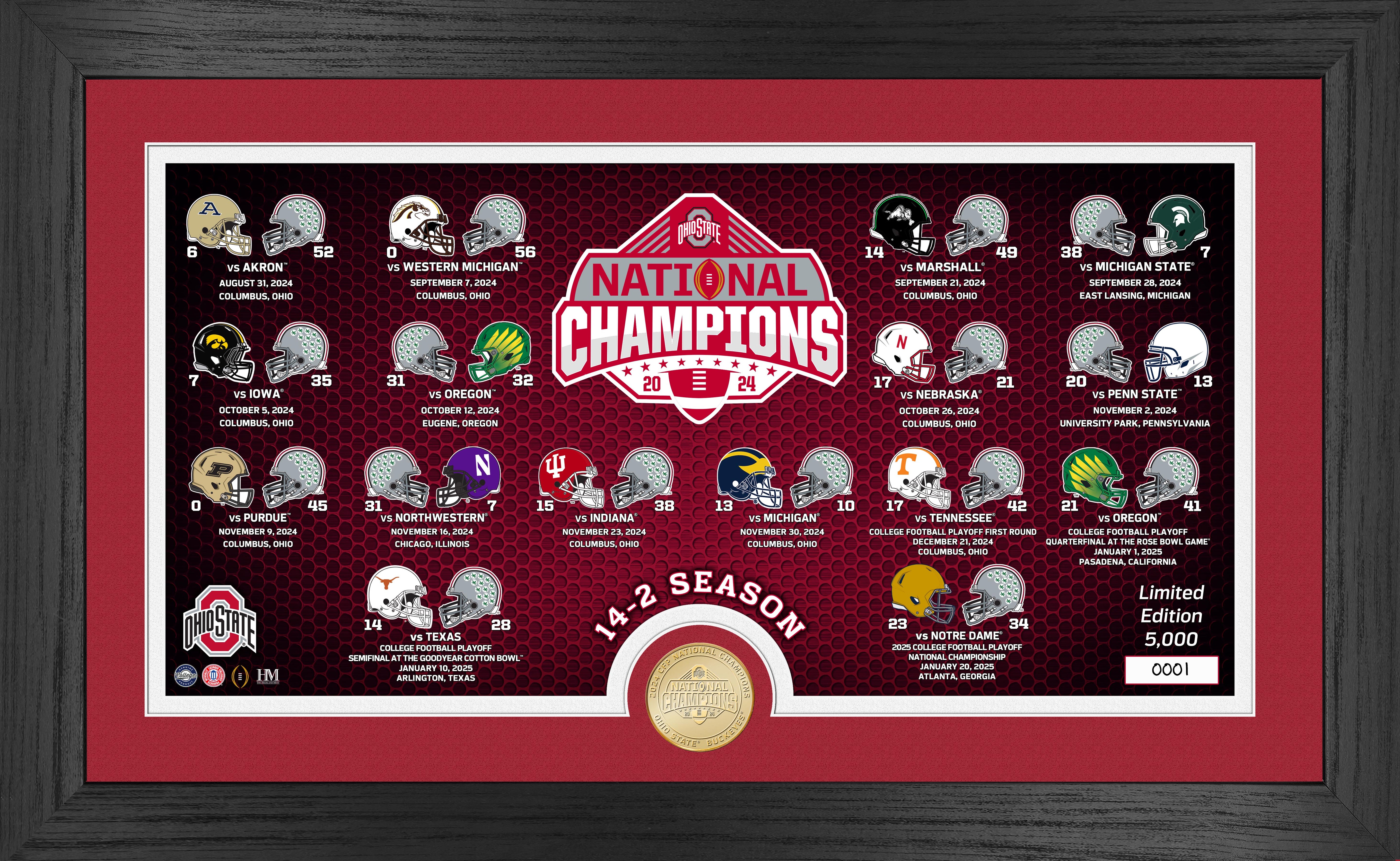 Ohio State Buckeyes 2025 CFP Football National Champions Season Match Ups Bronze Coin Photo Mint