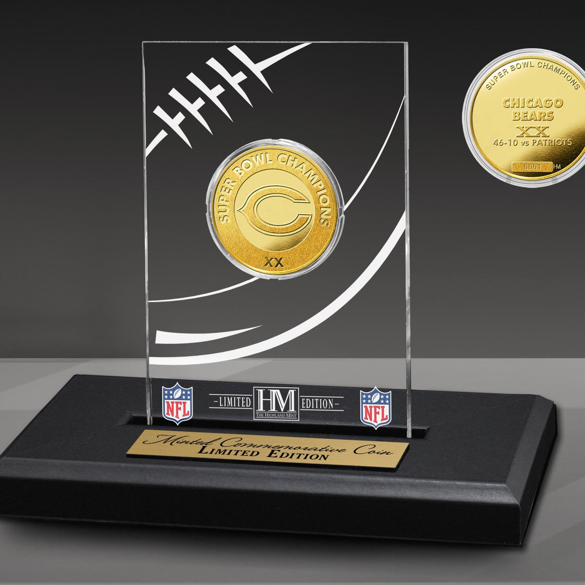 The Highland Mint Chicago Bears Super Bowl Champ 24kt Gold Plated deals Coin & Display